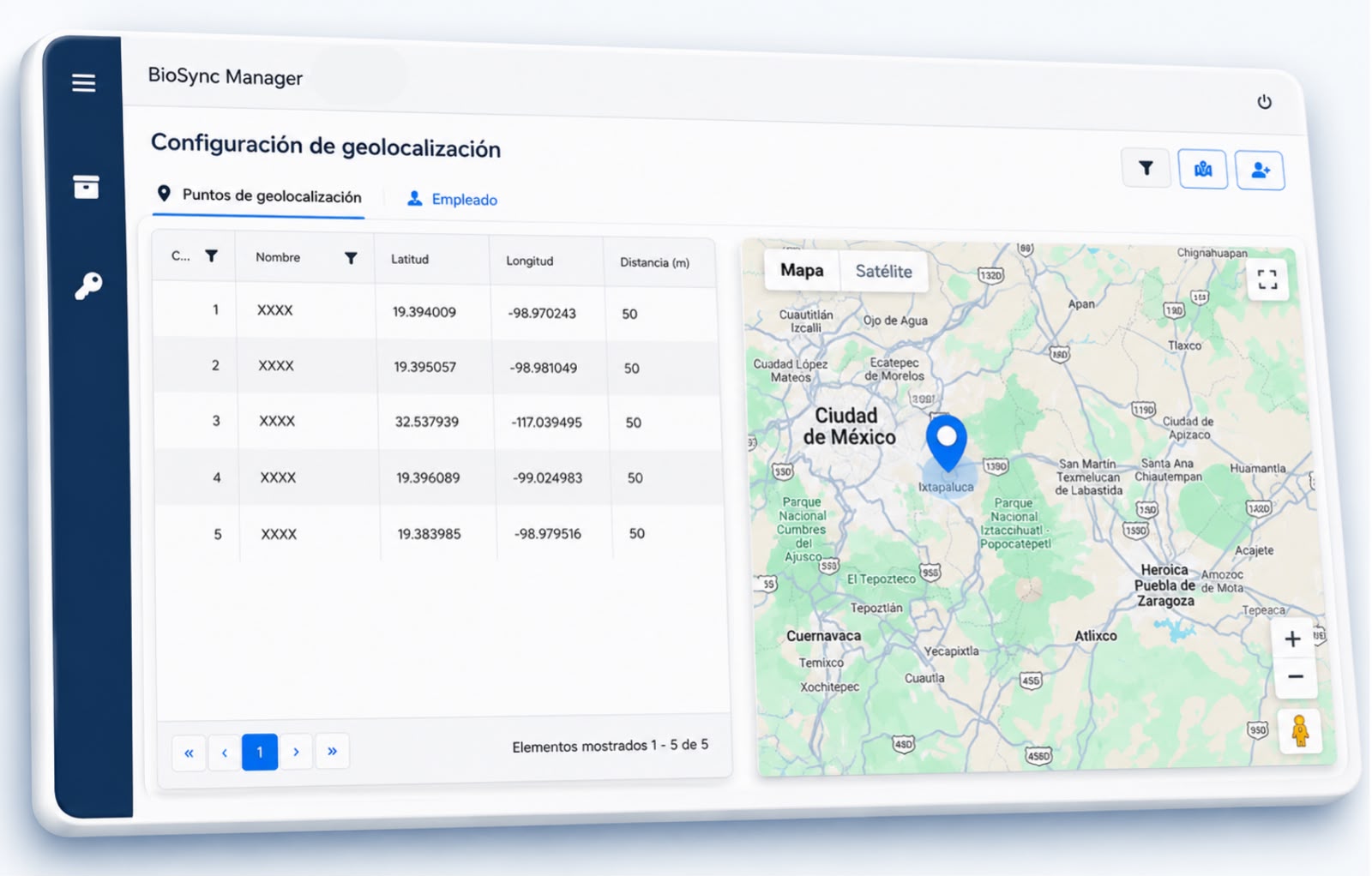 Configuración de geolocalización en BioSync Manager mostrando mapa y listado de colaboradores